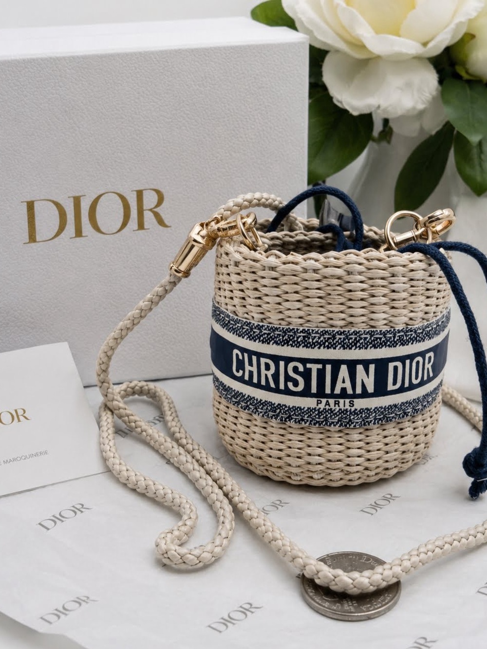 Dior Cream Wicker Mini Bucket Bag with Navy Logo Band